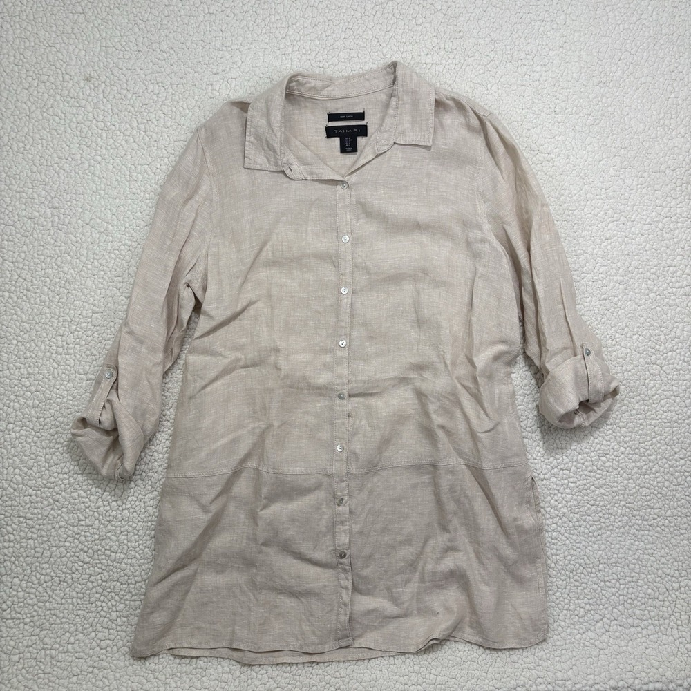 Tahari Beige 100% Linen Shirt Dress Tunic Roll Tab 3/4 Sleeve Womens L Coastal